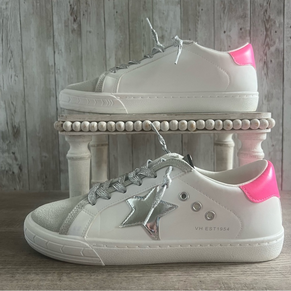 Vintage Havana Pink and White Sneakers Silver Star Suede Womens 8